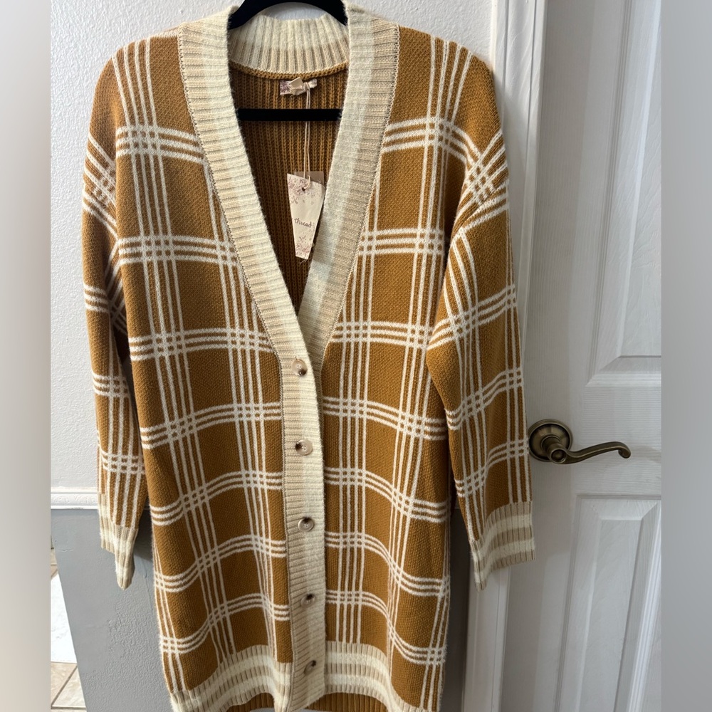 Hem & Thread Tan and Cream Plaid Cardigan